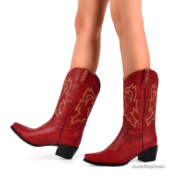 Pointed Toe Western Cowgirl Boots, Mid Calf, Vegan Leather, 2-3 Inch Heel - Picture 2 of 7